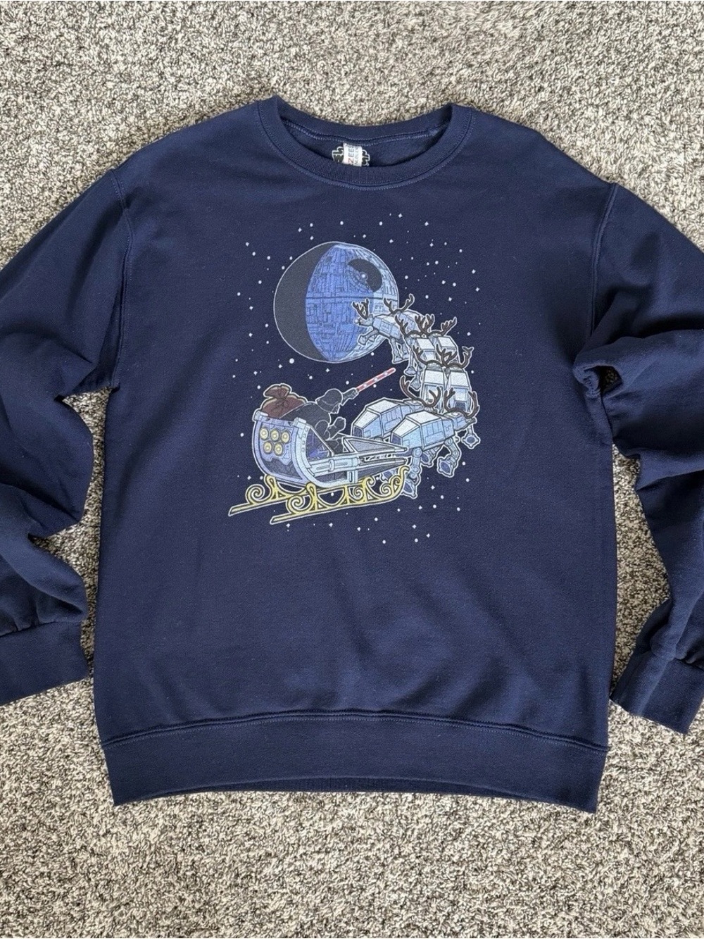 Star Wars Christmas Sweatshirt Darth Vader AT-AT Reindeer Navy Crewneck Small